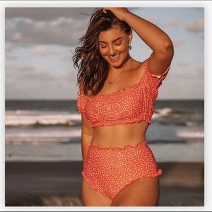 Red Ditsy Flower Print Two Piece Swim Suit Size XL